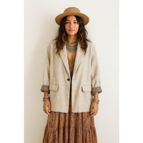 ZARA Women’s Oversized Coat Hip Length Blazer Beige Tan Bohemian Neutral Large - Picture 1 of 7